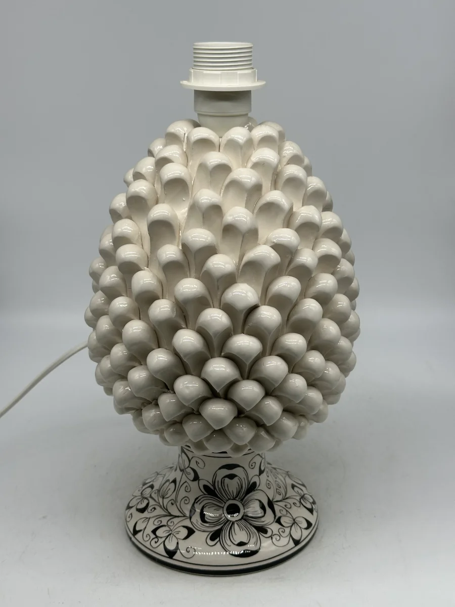 Lampada Pigna Ceramica Caltagirone cm H.30 Artigianale Bianco Base Decorata