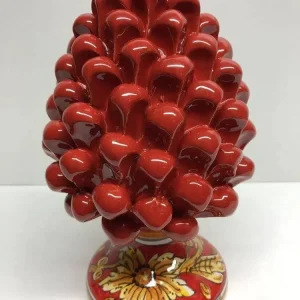 Pigna Ceramica Caltagirone cm H.20 Artigianale Rosso Base Decorata Giglio
