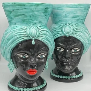 Teste di Moro Iris Ceramica Caltagirone cm H.40 L.23 Artigianale Verde Nero